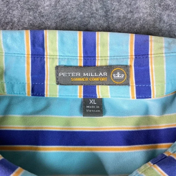 Peter Millar Polo Shirt Mens XL Blue Green Yellow Stripe Summer Comfort Golf - Picture 2 of 12